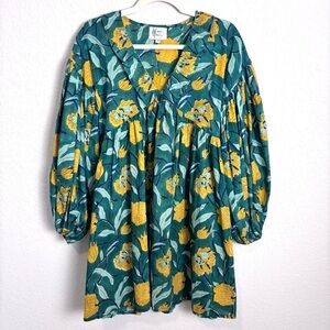 Birdie & Block Yellow Floral Green Cotton Mini Dress Women’s XS Flowy Boho Girly